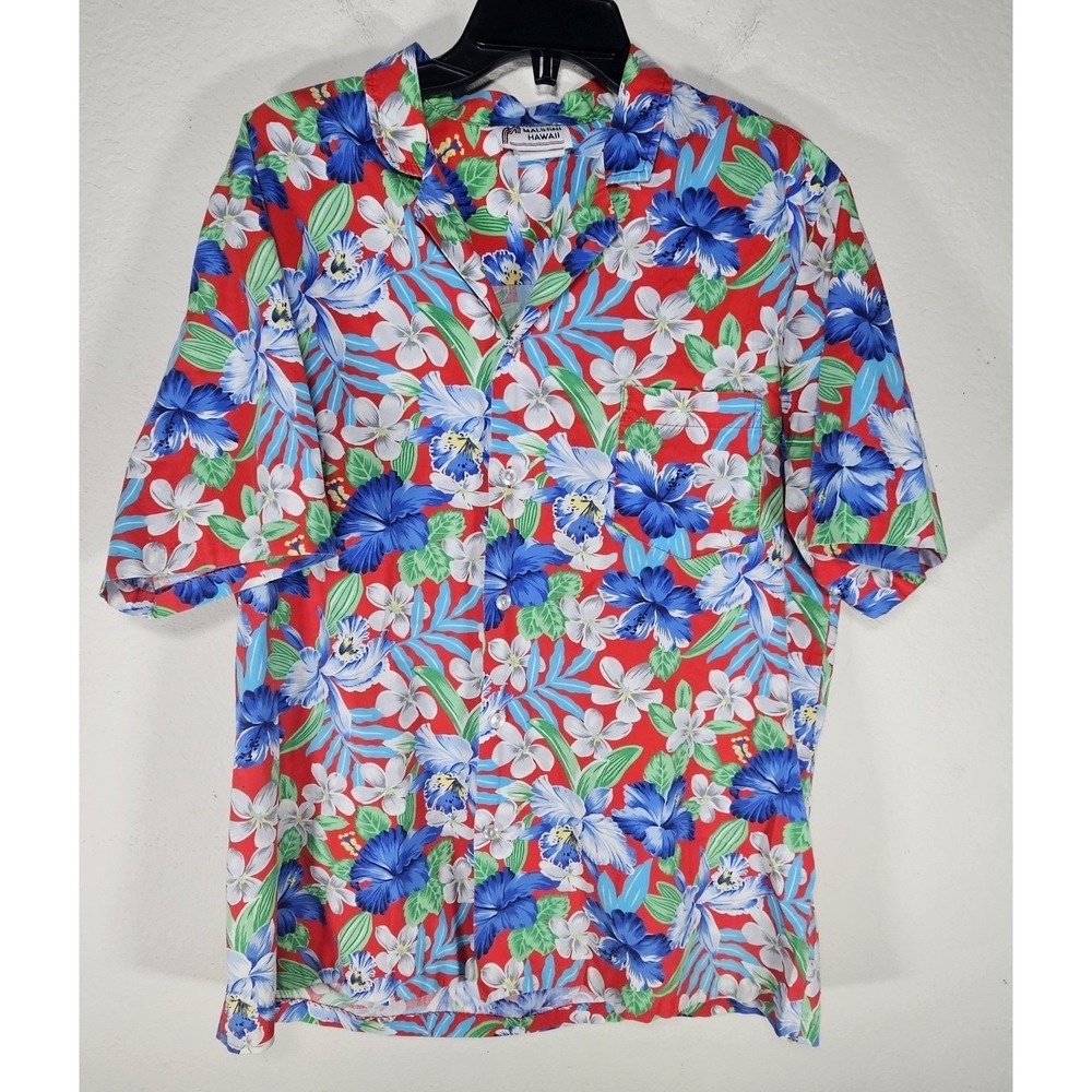 Malihini Hawaii Button Down Shirt Men's Large Red Blue Floral Short Sleeves